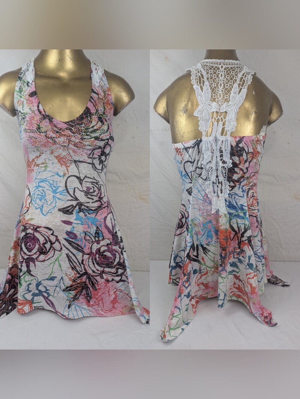 V Cristina Multicolor Floral Racerback Tunic With Lace Detail Small